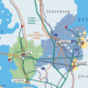 Karte von Schleswig-Holstein, in der eingetragen ist, welche wichtigen Infrastrukturanbindungen in den Regionen Brunsbüttel, Heide, Rendsburg, Neumünster und Kiel vorhanden sind.