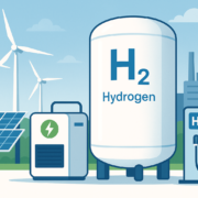 Illustration einer Wasserstoff-Infrastruktur mit Windrad, Solarpanels, Elektrolysetank (H₂) und Industrieanlagen