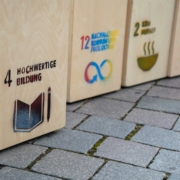 Auf einem gepflasterten Weg sind insgesamt drei Holzwürfel zu sehen, auf denen Nachhaltigkeitsziele der UN gesprüht wurden.